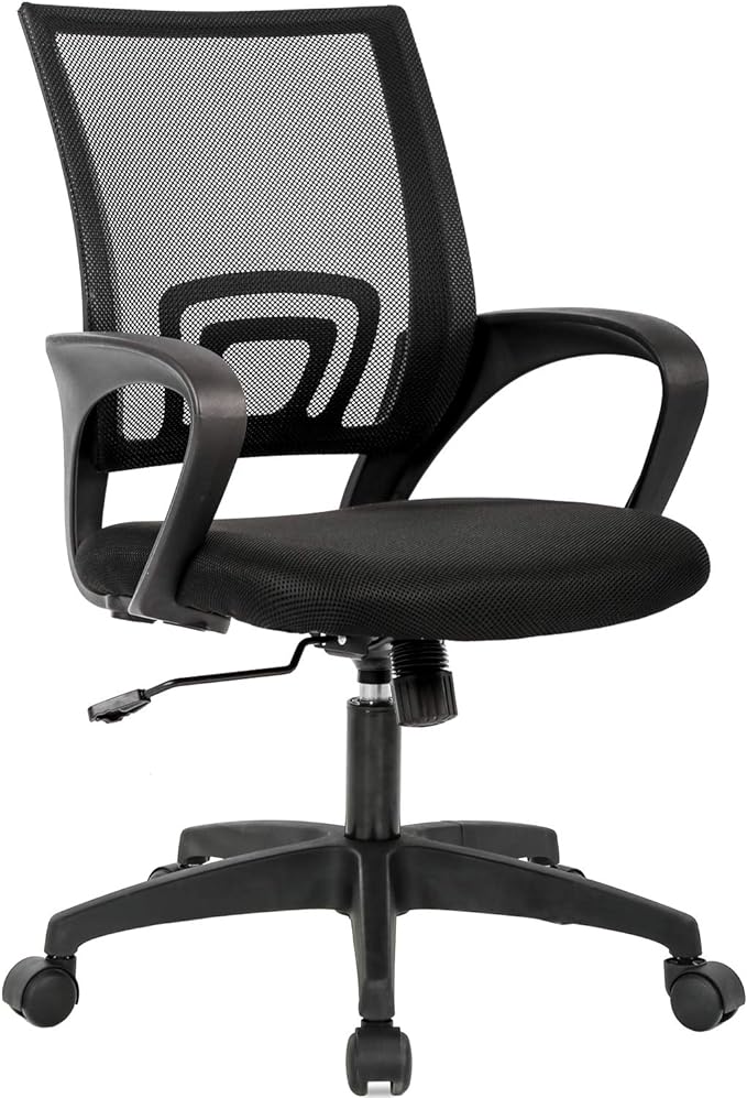 BestOffice | Ergonomic Office Chair | Mid-Back Swivel Desk Chair | Breathable Backrest & Lumbar Support | Adjustable Height | Sponge Seat | Rolling Wheels | Black | for Adults & Women