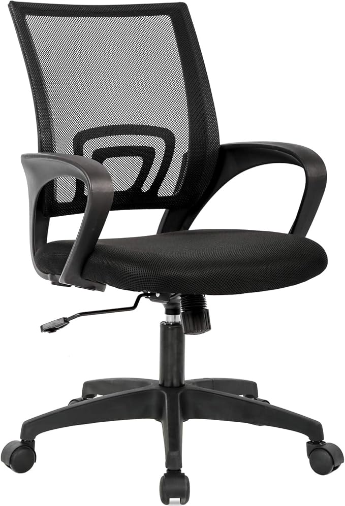 BestOffice | Ergonomic Office Chair | Mid-Back Swivel Desk Chair | Breathable Backrest & Lumbar Support | Adjustable Height | Sponge Seat | Rolling Wheels | Black | for Adults & Women