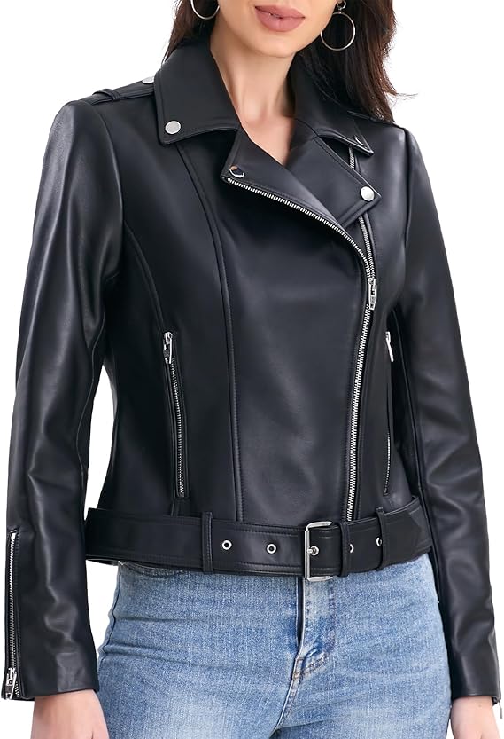 Lambskin Leather Jacket Women,Motorcycle Jacket,Classic Asymmetrical Zip Style,Buckle Belts,Multiple Pockets